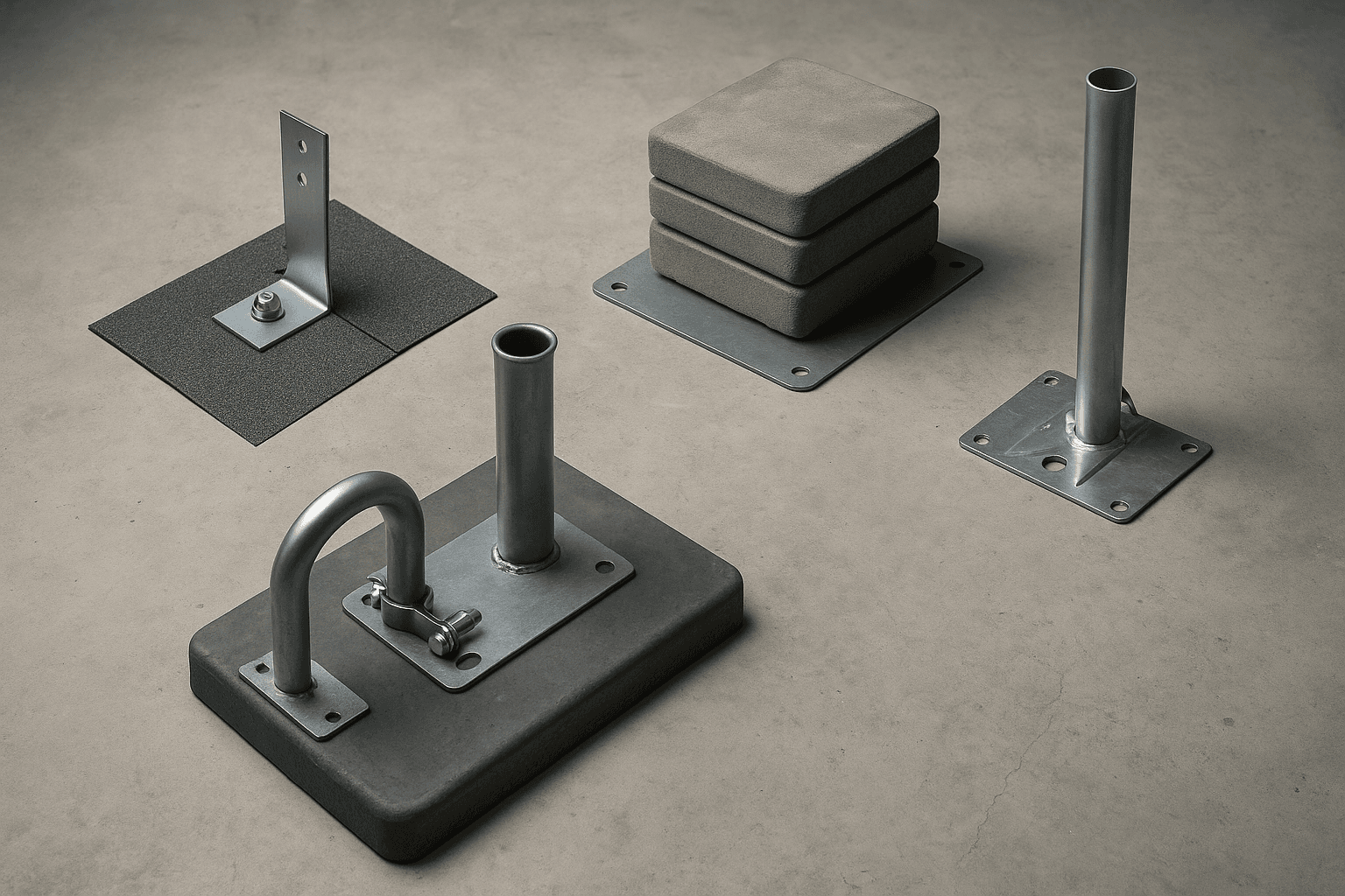 Side-by-side of three Starlink mount types: pitched roof lag mount, flat roof concrete ballast mount, and non-penetrating J-mount on an eave
