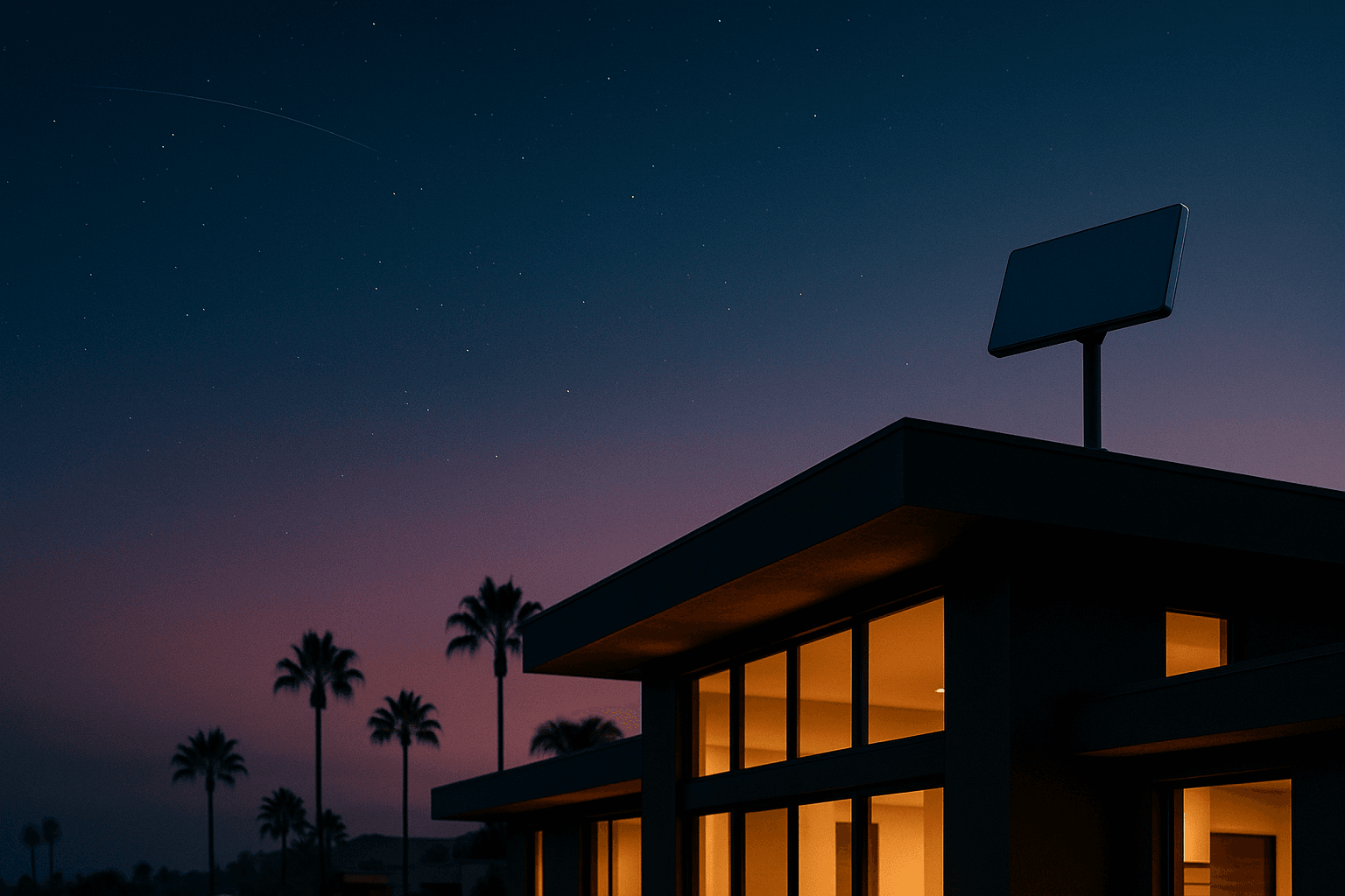 Starlink satellite dish professionally mounted on an Orange County rooftop at dusk